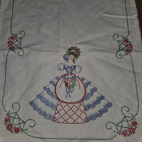Embroidered Table Runner Dresser Scarf with Floral and Lady Design - Picture 2 of 2
